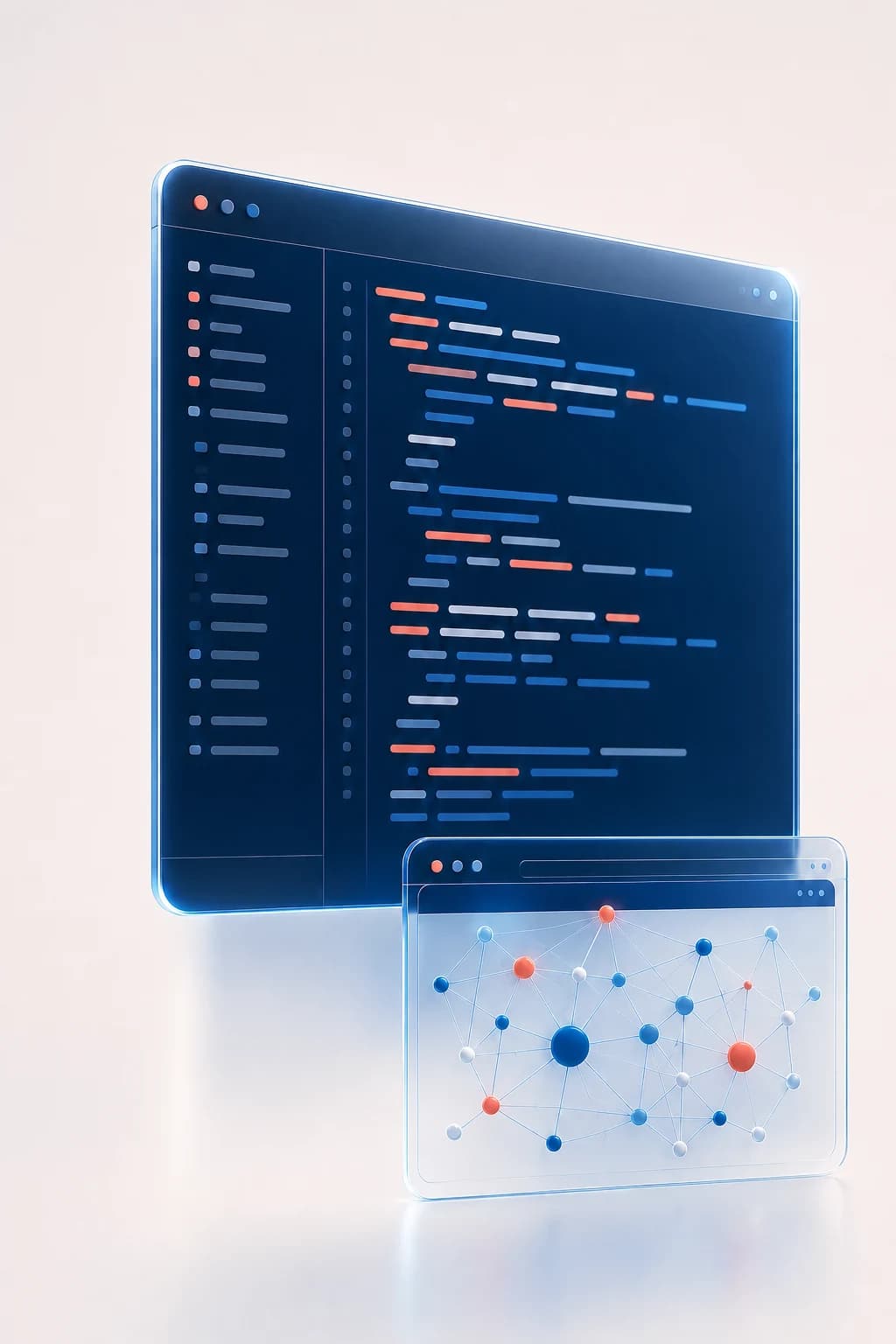 Project cover artwork showing a large smoked-glass code editor and an overlapping browser-based epistemic network preview