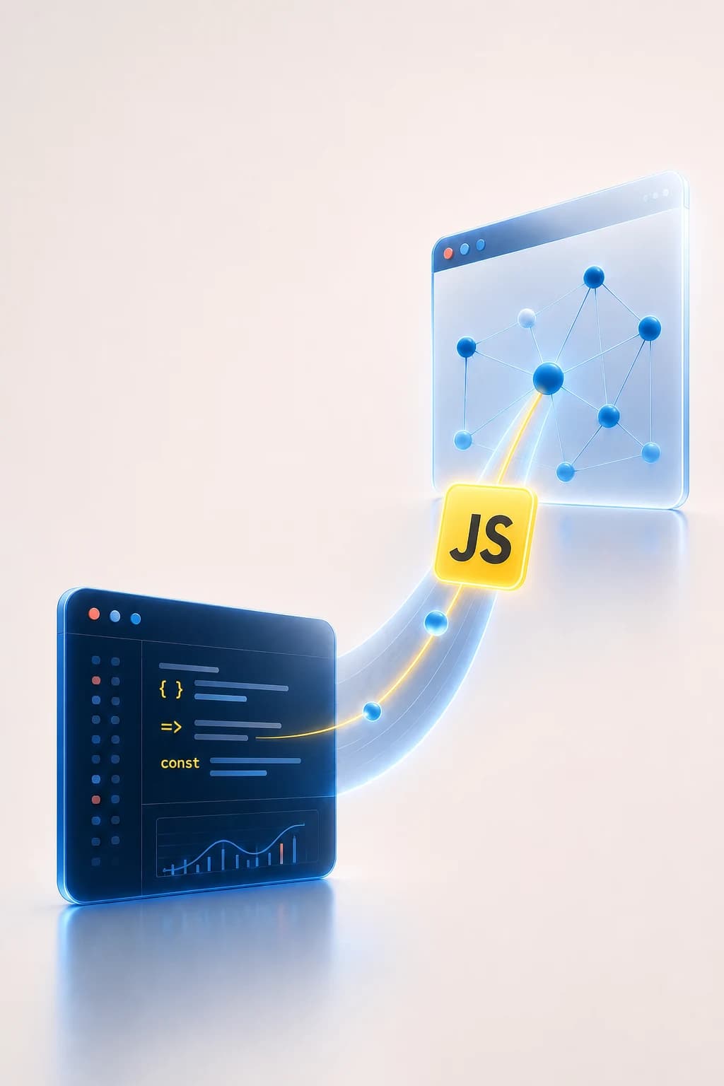 Project cover artwork showing JavaScript syntax and a prominent JS chip connecting a smoked-glass development environment to a browser-based epistemic network tool